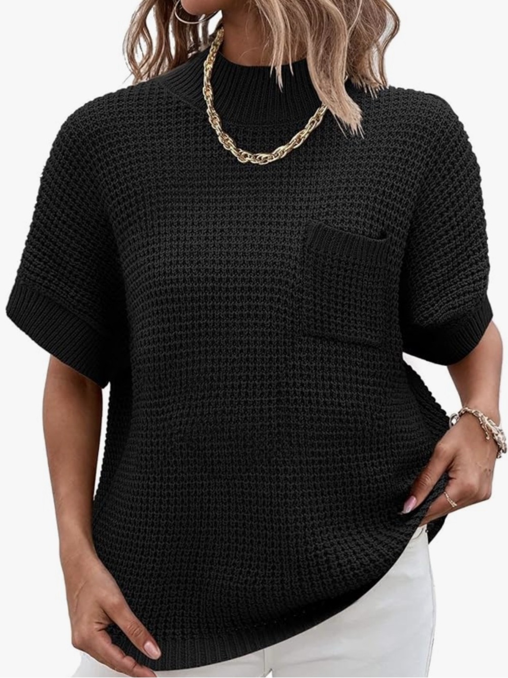 zeagoo Black Waffle Knit Short-Sleeve Pocket Top